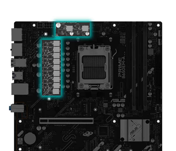 The PRIME B650EM-A motherboard features Digital Power Design. 